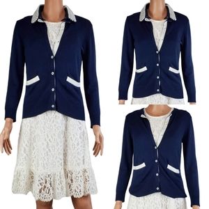 NWT Pink tartan removable pearl collar long sleeve button cardigan navy white xs